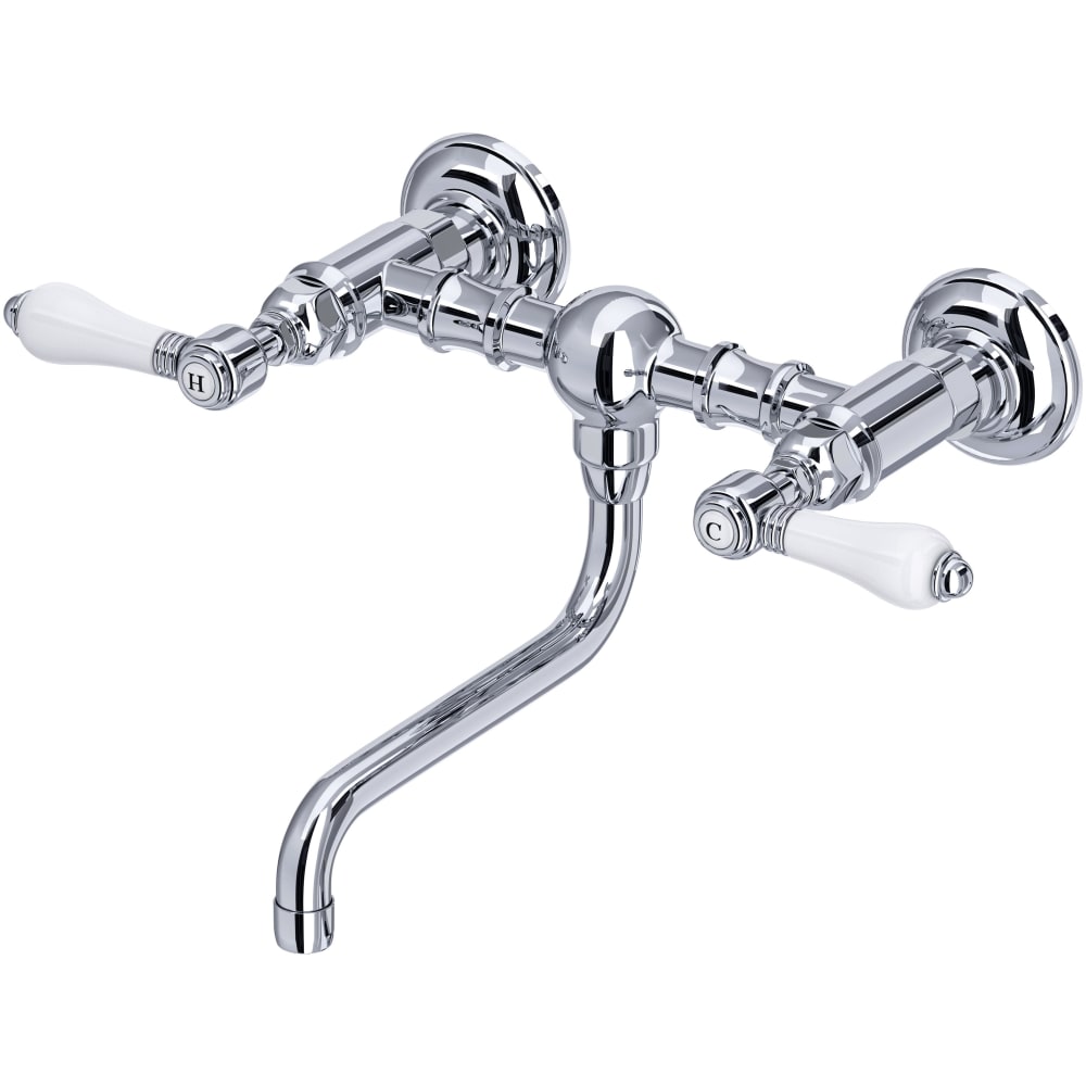 Acqui 1.2 GPM Wall Mounted Widespread Bridge Bathroom Faucet with Porcelain Lever Handles