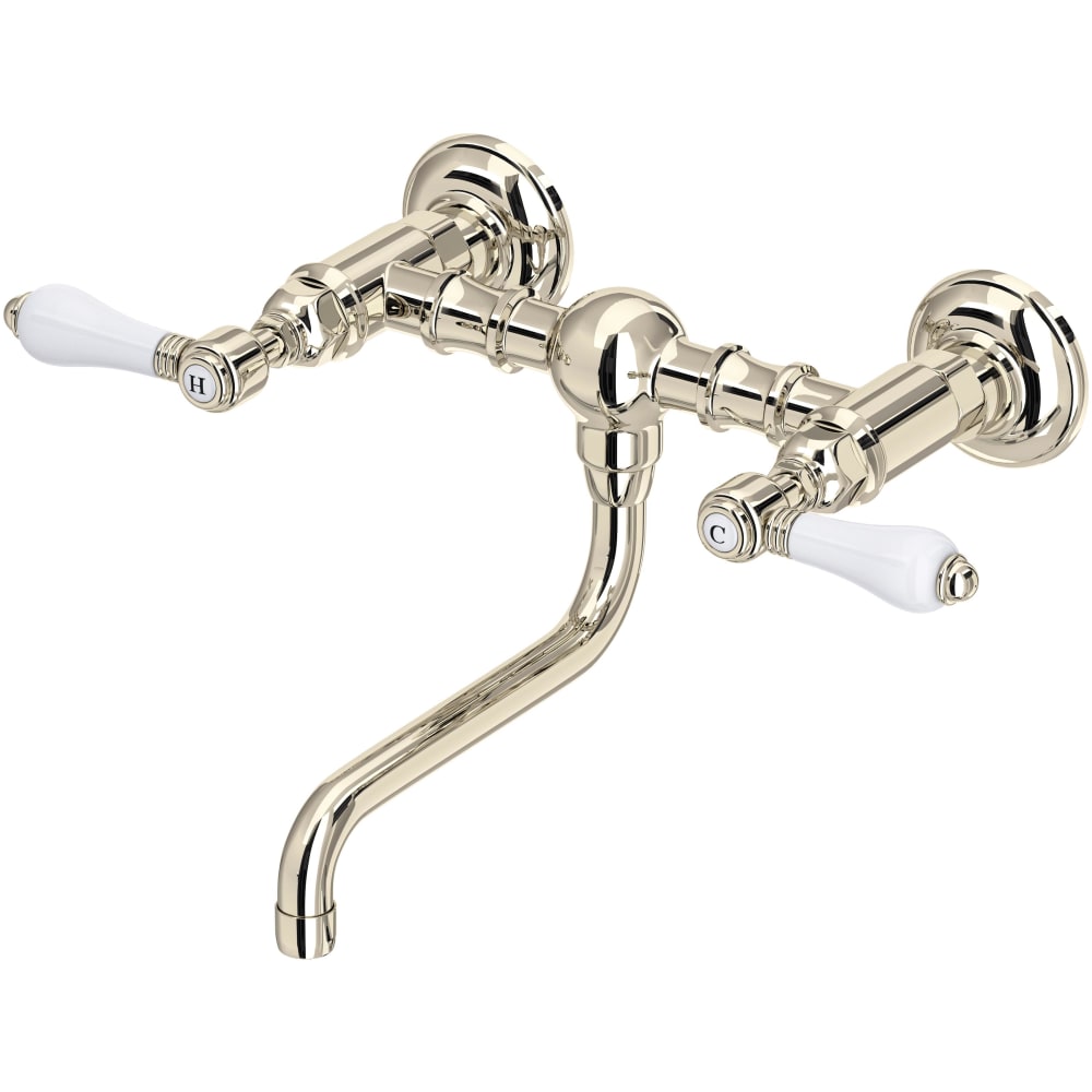 Acqui 1.2 GPM Wall Mounted Widespread Bridge Bathroom Faucet with Porcelain Lever Handles