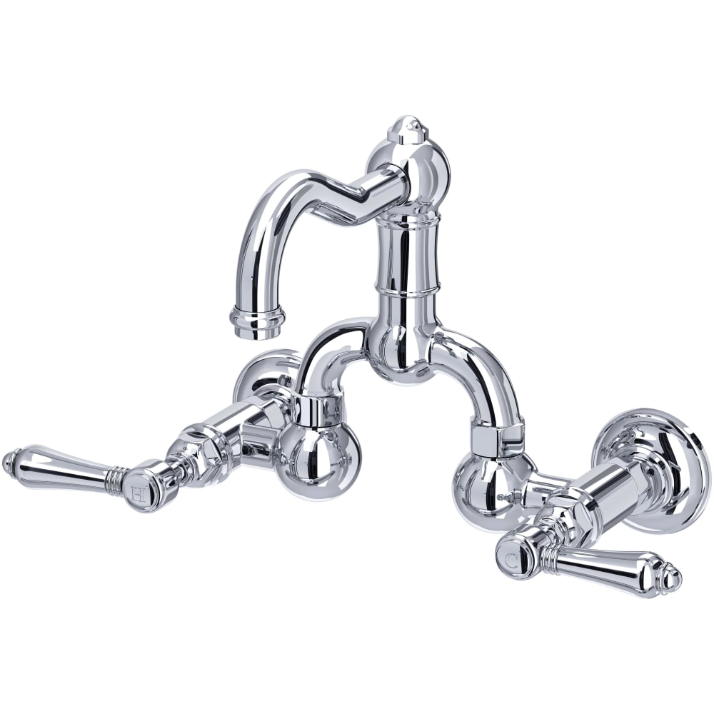 Acqui 1.2 GPM Wall Mounted Widespread Bridge Bathroom Faucet with Pop-Up Drain Assembly and Metal Lever Handles