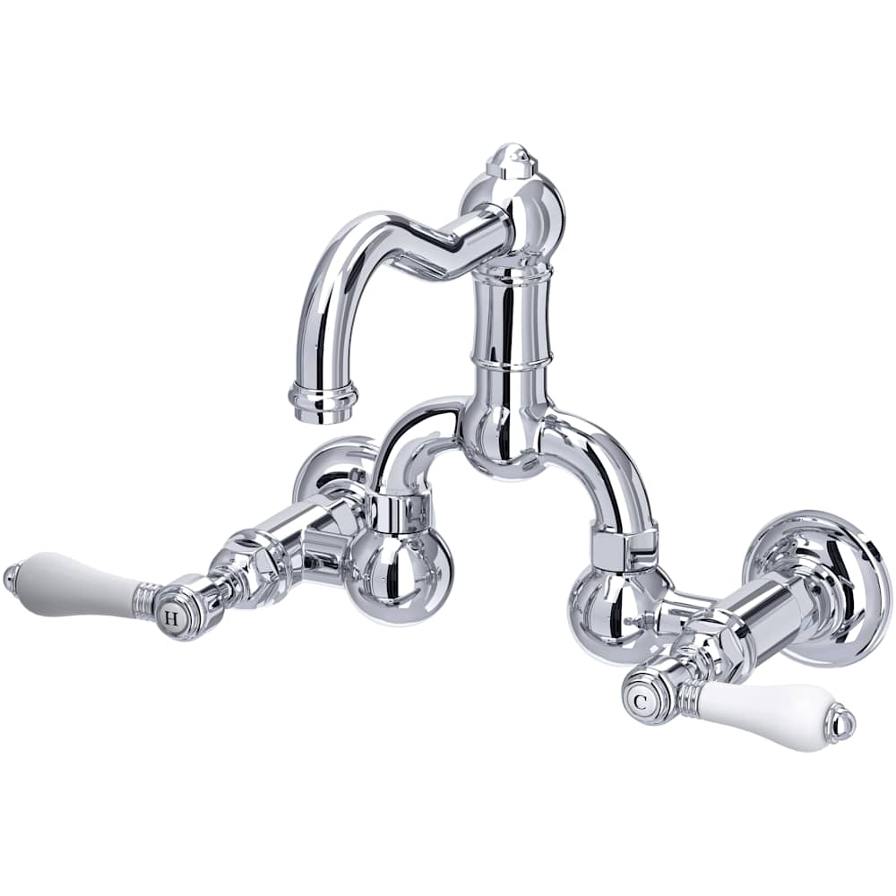 Acqui 1.2 GPM Wall Mounted Widespread Bridge Bathroom Faucet with Pop-Up Drain Assembly and Porcelain Lever Handles