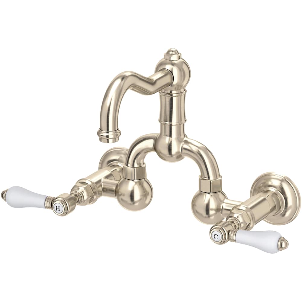 Acqui 1.2 GPM Wall Mounted Widespread Bridge Bathroom Faucet with Pop-Up Drain Assembly and Porcelain Lever Handles