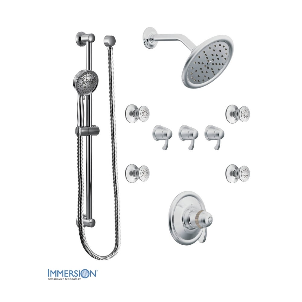Moen Thermostatic Shower System with Rain Shower, 3 Volume Controls, 4 Body Sprays, and Hand Shower with Slide Bar (Valves Included) Chrome