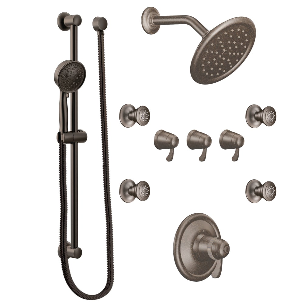 Moen Thermostatic Shower System with Rain Shower, 3 Volume Controls, 4 Body Sprays, and Hand Shower with Slide Bar (Valves Included) Oil Rubbed Bronze