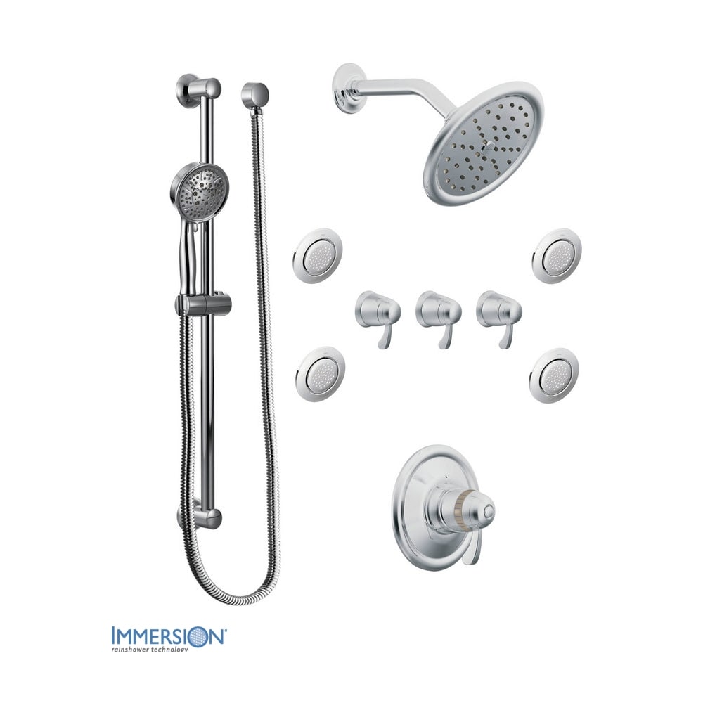 Moen Thermostatic Shower System with Rain Shower, 3 Volume Controls, 4 Body Sprays, and Hand Shower with Slide Bar (Valves Included) Chrome