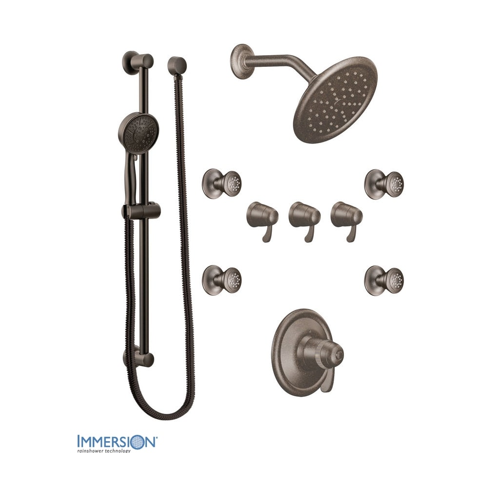 Moen Thermostatic Shower System with Rain Shower, 3 Volume Controls, 4 Body Sprays, and Hand Shower with Slide Bar (Valves Included) Oil Rubbed Bronze