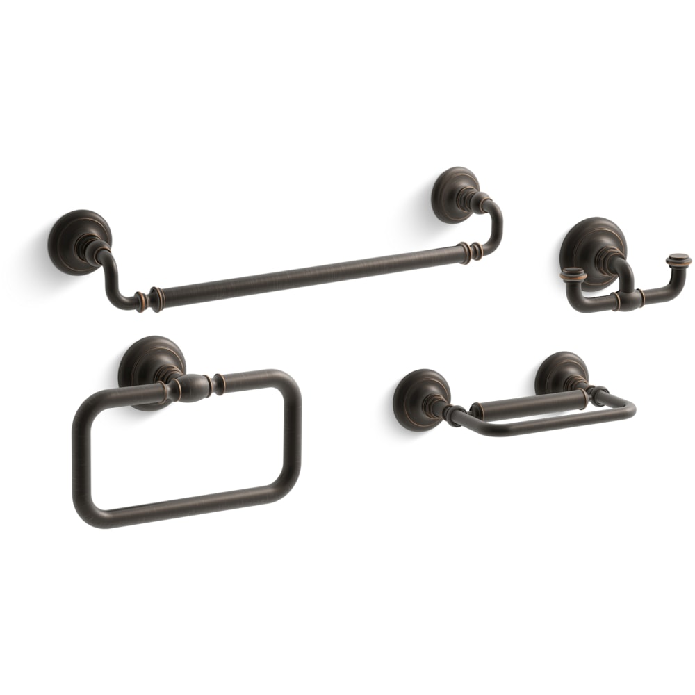 Artifacts 18" Towel Bar, Towel Ring, Pivoting Toilet Paper Holder, and Double Post Robe Hook Bundle