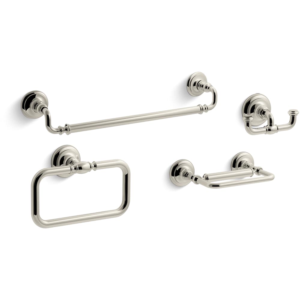 Artifacts 18" Towel Bar, Towel Ring, Pivoting Toilet Paper Holder, and Double Post Robe Hook Bundle