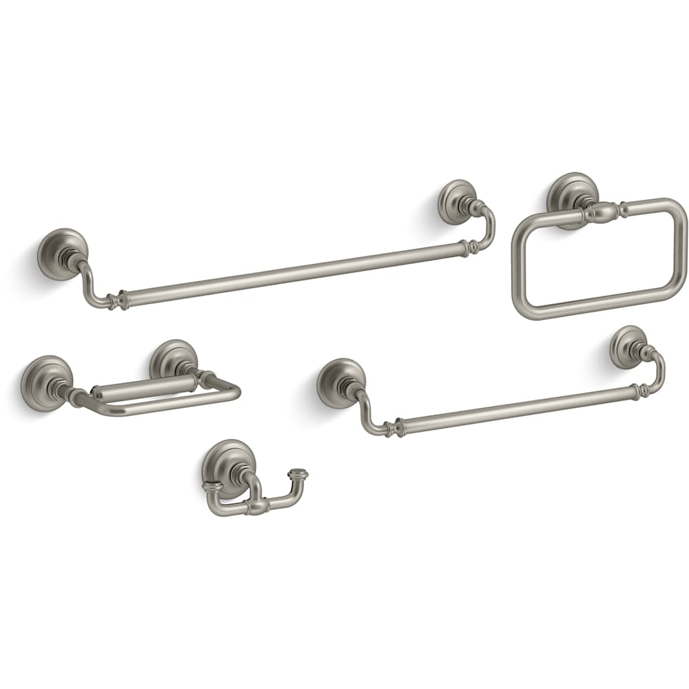 Artifacts 24" Towel Bar, 18" Towel Bar, Towel Ring, Pivoting Toilet Paper Holder, and Double Post Robe Hook Bundle