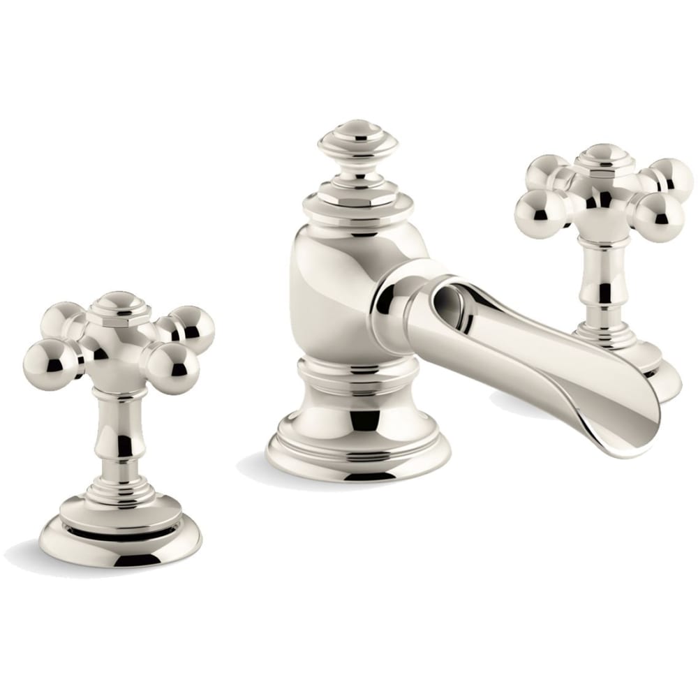 Artifacts Widespread Bathroom Faucet with Flume Spout and Cross Handles - Includes Metal Pop-Up Drain Assembly