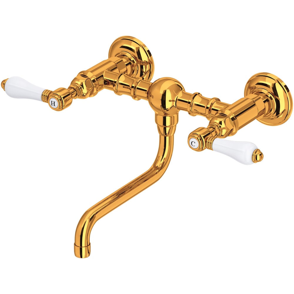 Acqui 1.2 GPM Wall Mounted Widespread Bridge Bathroom Faucet with Porcelain Lever Handles