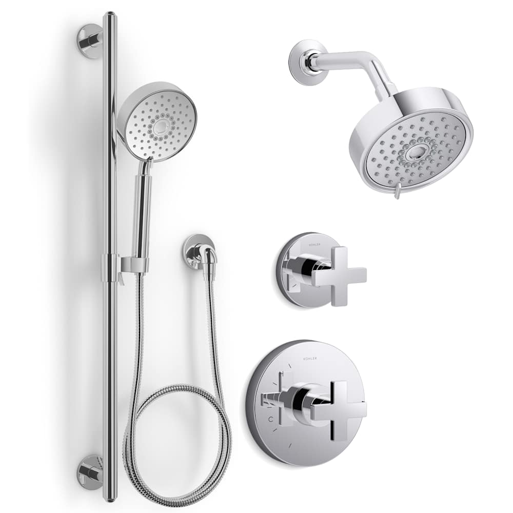 Composed Pressure Balanced Shower System with Shower Head, Hand Shower, Valve Trim, and Shower Arm
