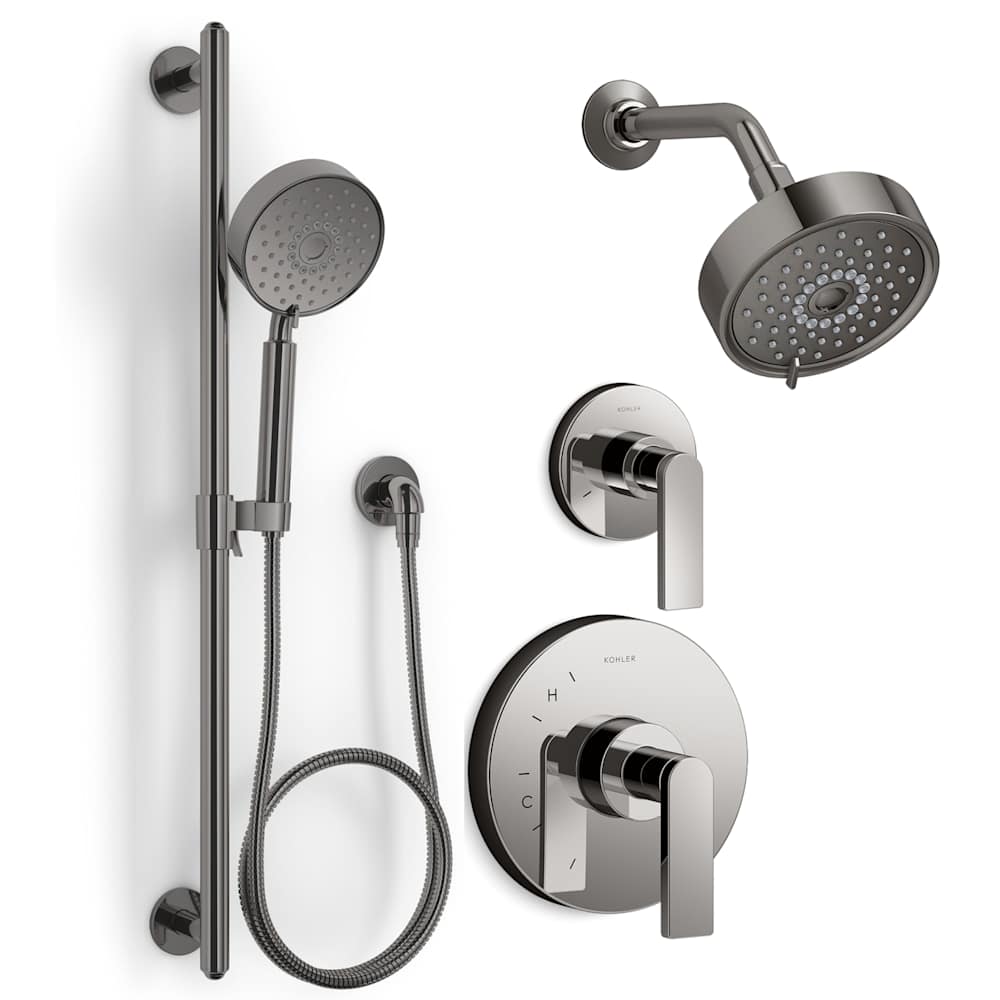 Composed Pressure Balanced Shower System with Shower Head, Hand Shower, Valve Trim, and Shower Arm