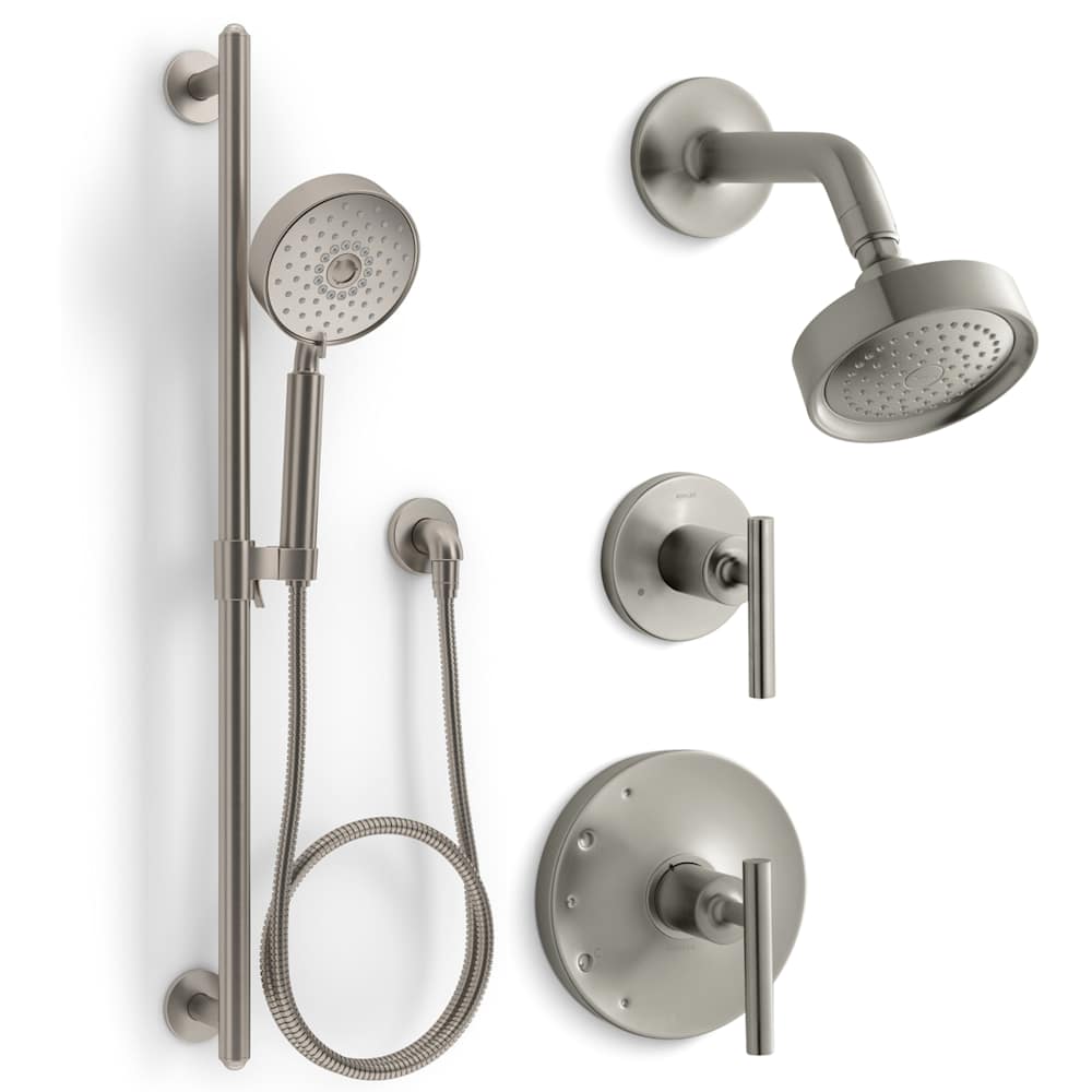 Purist Pressure Balanced Shower System with Shower Head, Hand Shower, Valve Trim, and Shower Arm
