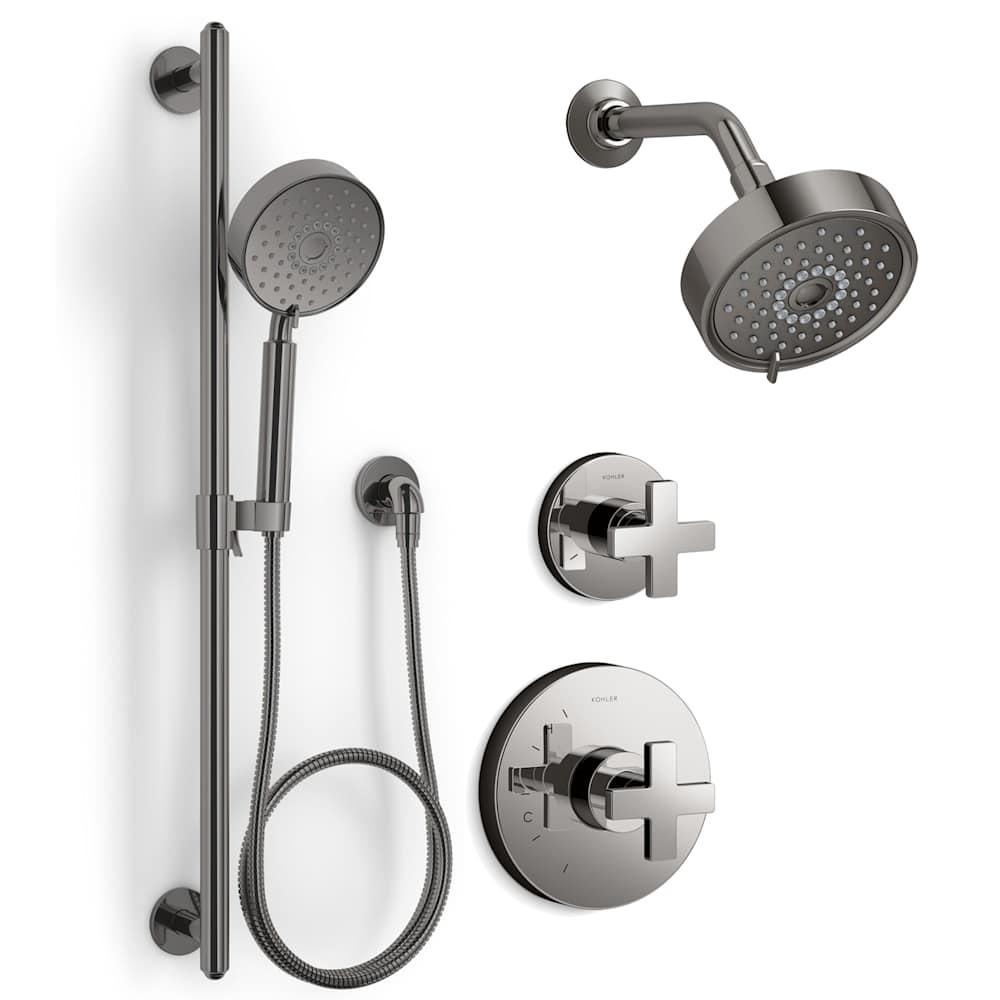 Composed Pressure Balanced Shower System with Shower Head, Hand Shower, Valve Trim, and Shower Arm