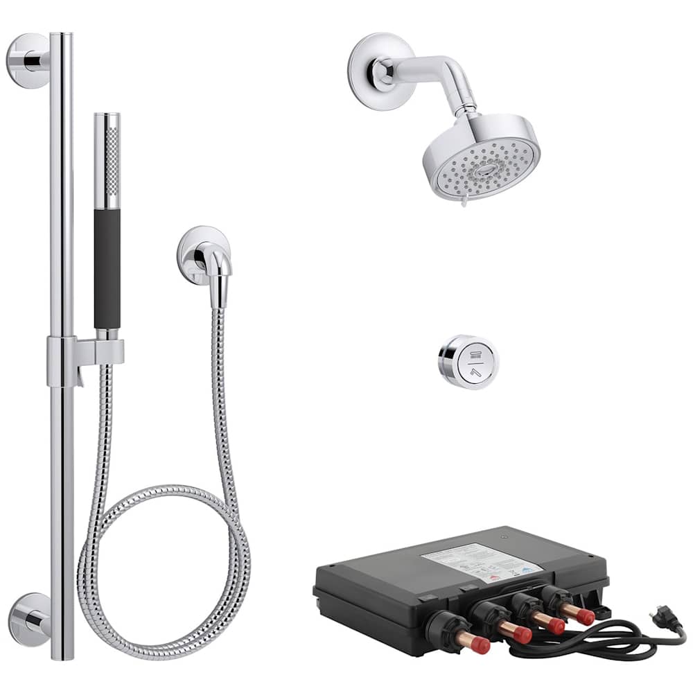 DTV Thermostatic Shower System with Shower Head, Shower Arm, Hand Shower, Hose, Slide Bar, Valve Trim, and Rough-In Valve