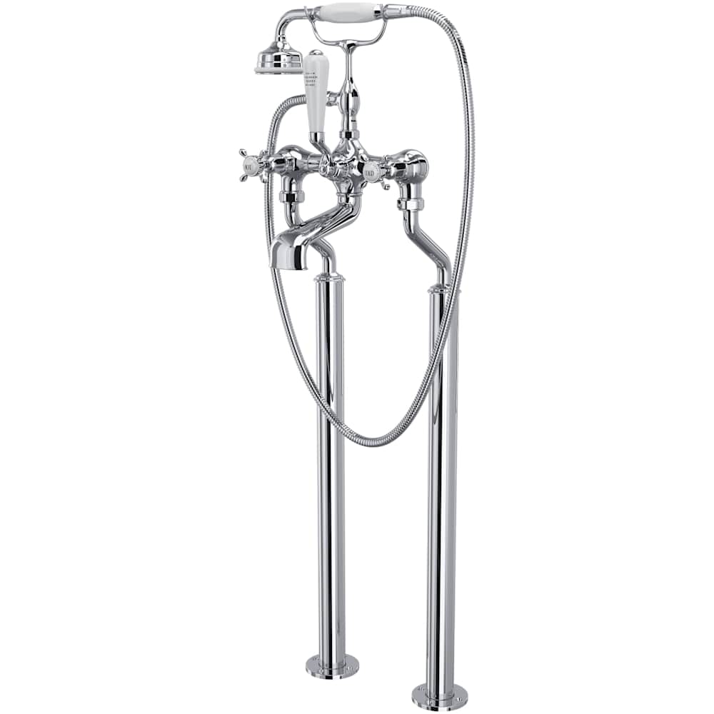 Edwardian Floor Mounted Tub Filler with Built-In Diverter - Includes Hand Shower