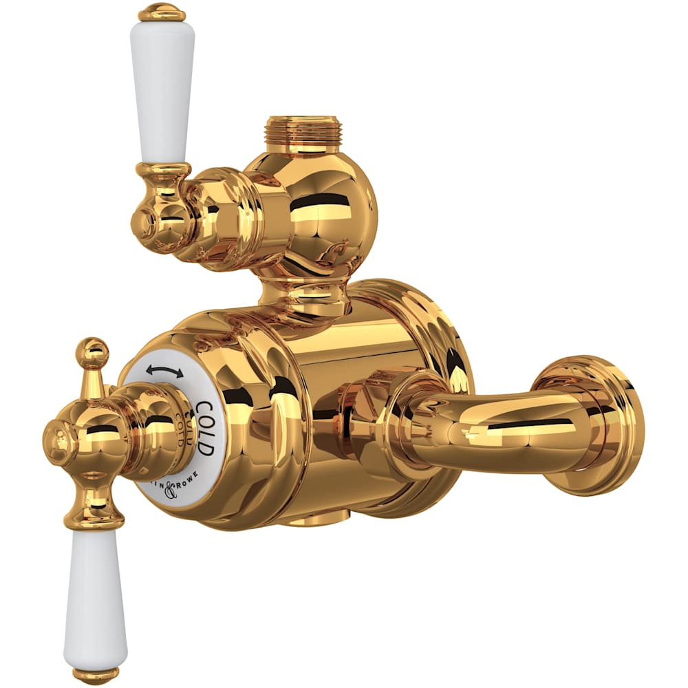 Edwardian Two Function Thermostatic Valve Trim with Dual Lever Handles, Integrated Diverter, and Volume Control