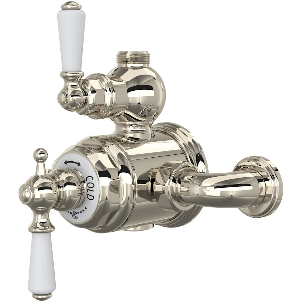 Edwardian Two Function Thermostatic Valve Trim with Dual Lever Handles, Integrated Diverter, and Volume Control