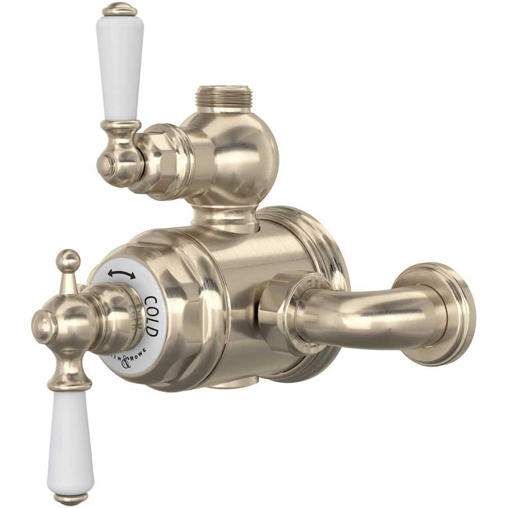 Edwardian Two Function Thermostatic Valve Trim with Dual Lever Handles, Integrated Diverter, and Volume Control