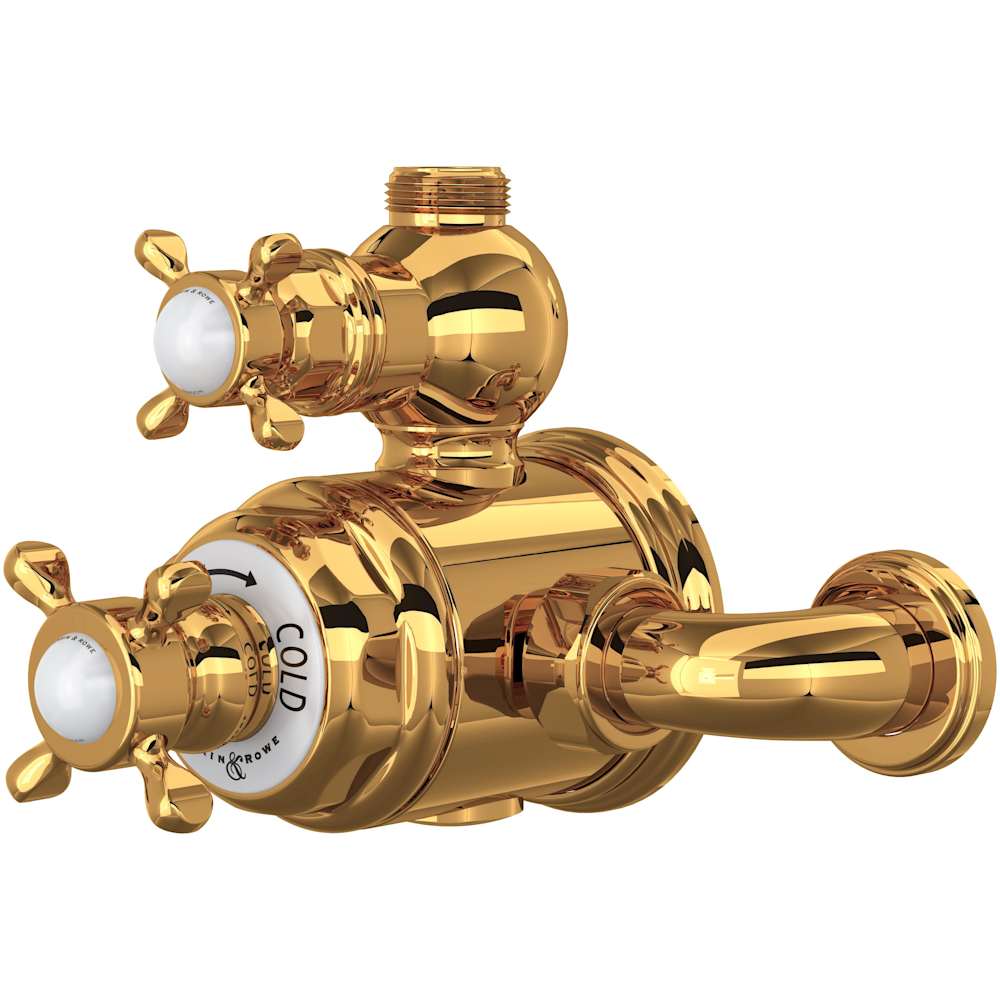 Edwardian Two Function Thermostatic Valve Trim with Dual Cross Handles, Integrated Diverter, and Volume Control