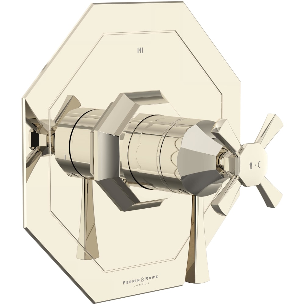 Deco Two Independent and One Shared Function Thermostatic Valve Trim Only with Single Cross / Lever Handle, Integrated Diverter, and Volume Control - Less Rough In