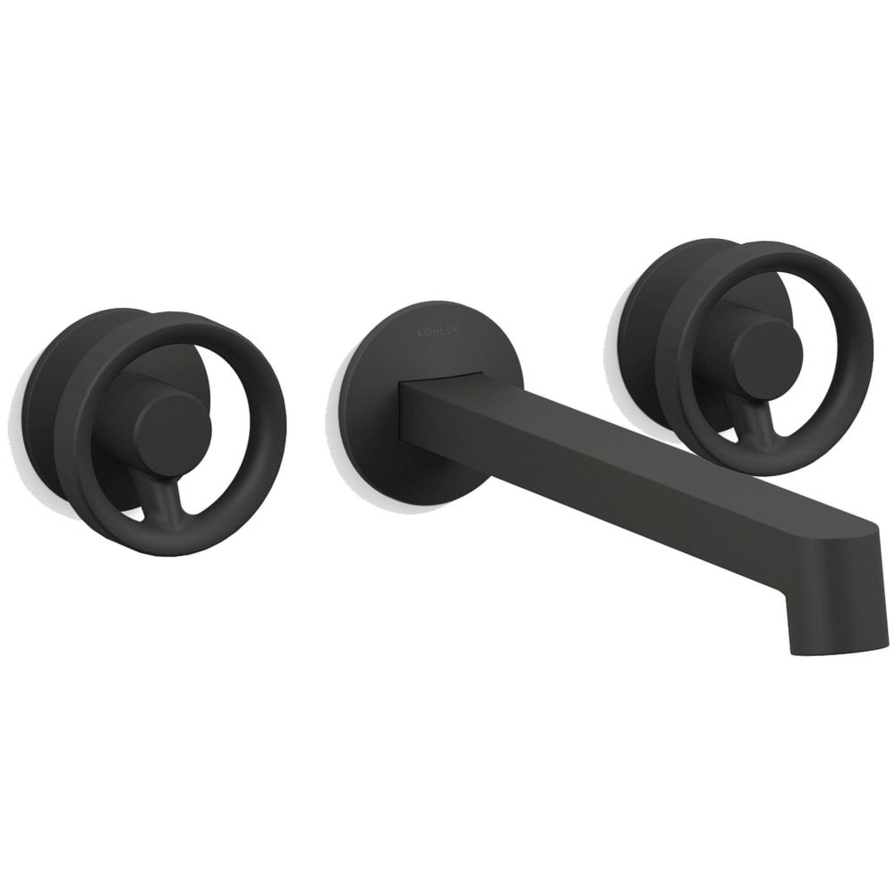 Components Double Handle Wall-Mount Bathroom Sink Faucet with Row Design Spout and Industrial Handles - Includes Rough-In Valve