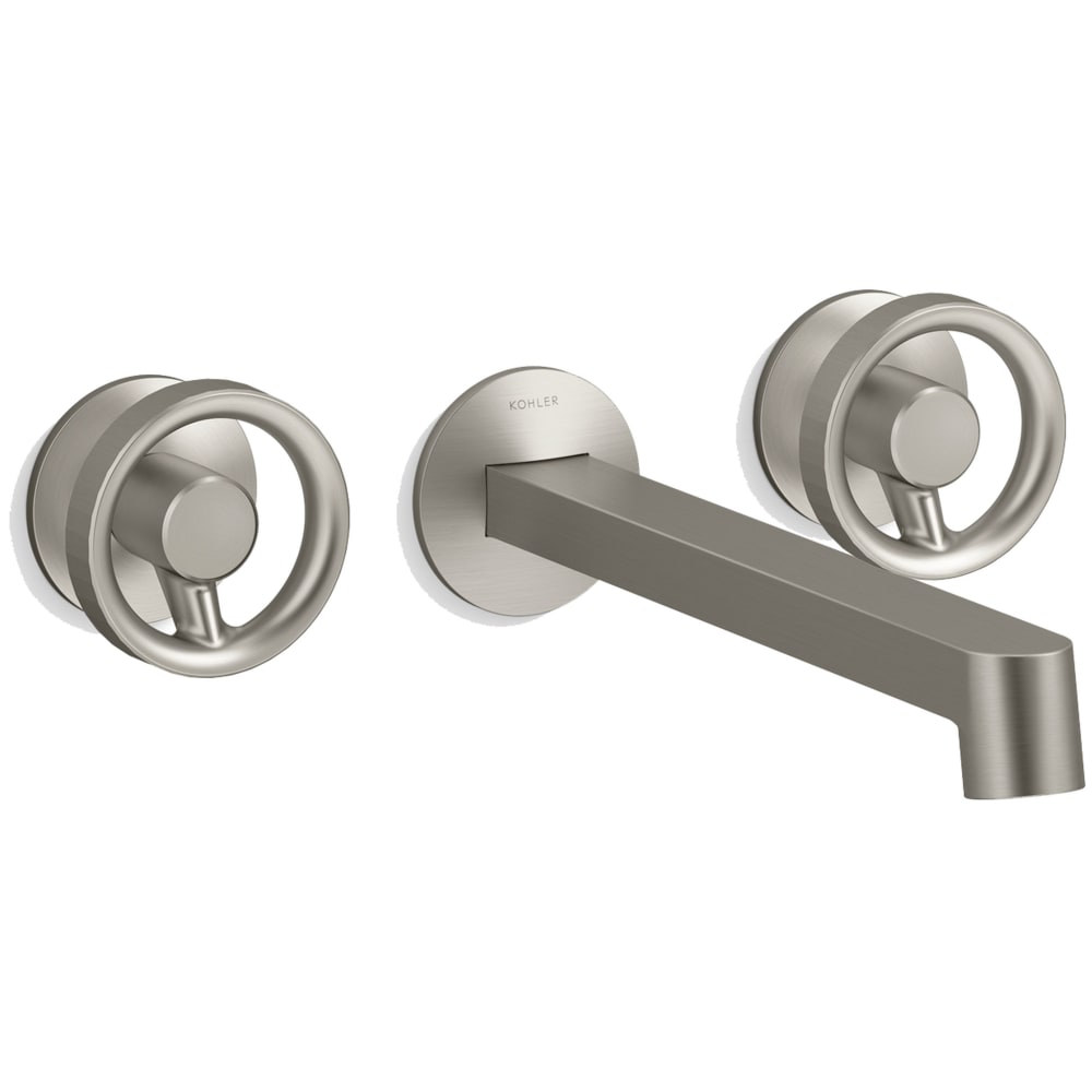 Components Double Handle Wall-Mount Bathroom Sink Faucet with Row Design Spout and Industrial Handles - Includes Rough-In Valve