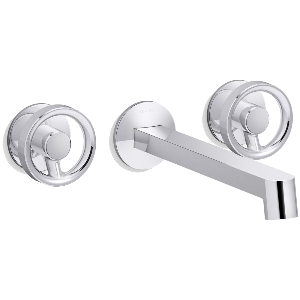 Components Double Handle Wall-Mount Bathroom Sink Faucet with Row Design Spout and Industrial Handles - Includes Rough-In Valve