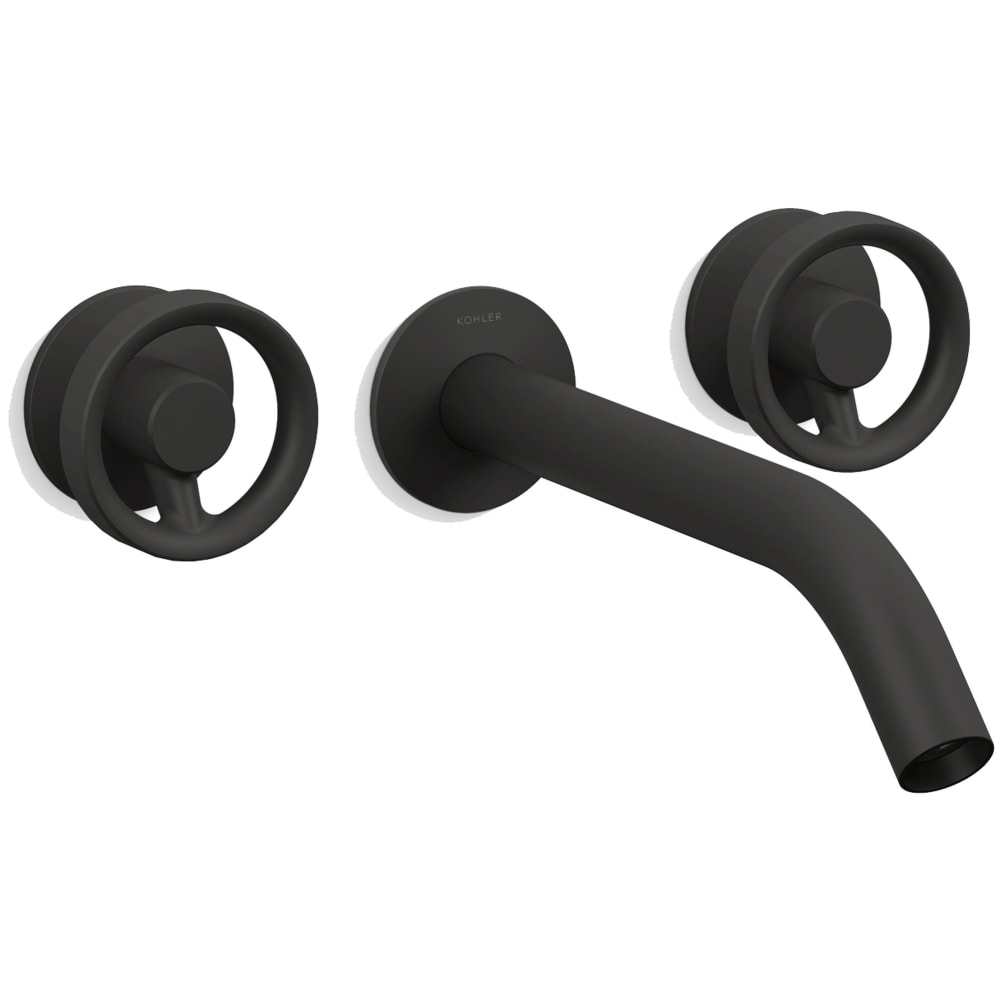 Components Double Handle Wall-Mount Bathroom Sink Faucet with Tube Spout and Industrial Handles - Includes Rough-In Valve