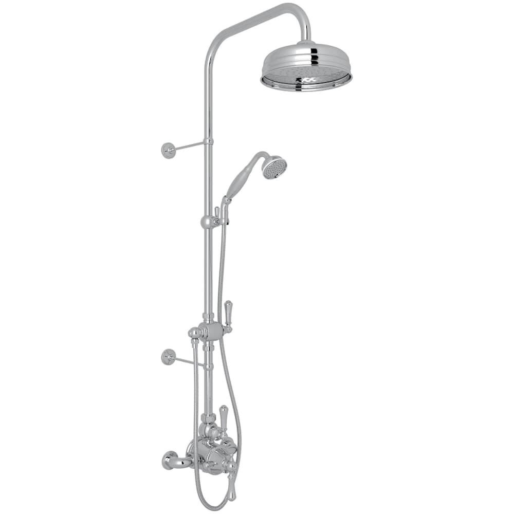 Georgian Era Exposed Thermostatic Shower System with Shower Head, Hand Shower, Slide Bar, Shower Arm, Hose, Valve Trim, and Lever Handles