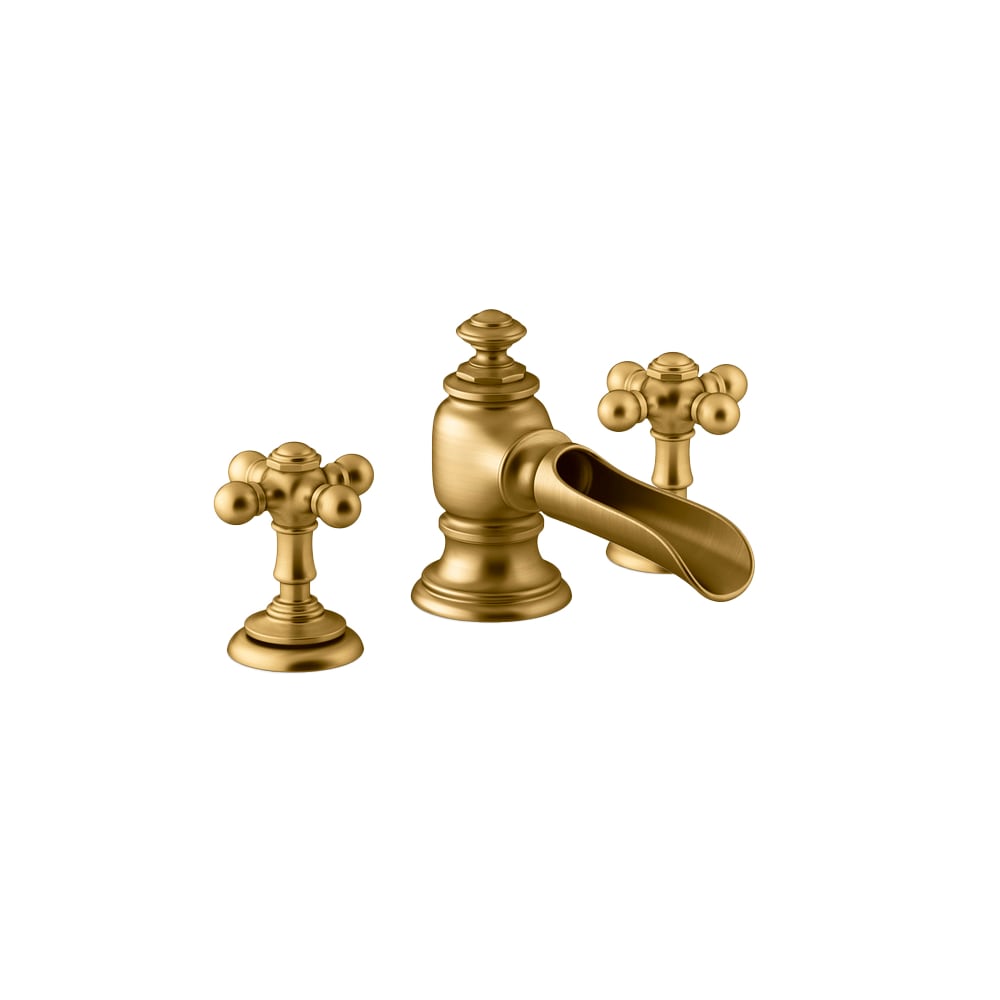 Artifacts Widespread Bathroom Faucet with Flume Spout and Cross Handles - Includes Metal Pop-Up Drain Assembly