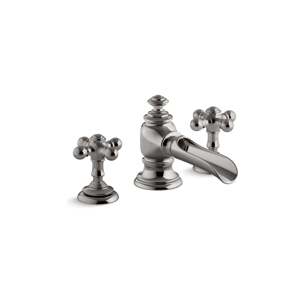 Artifacts Widespread Bathroom Faucet with Flume Spout and Cross Handles - Includes Metal Pop-Up Drain Assembly