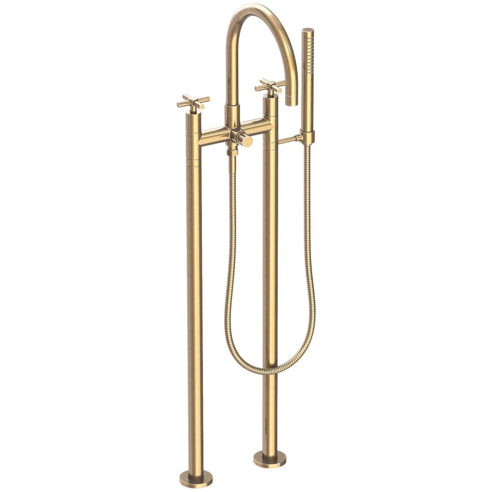 East Linear Floor Mounted Tub Filler with Cross Handles and Built-In Diverter - Includes Hand Shower