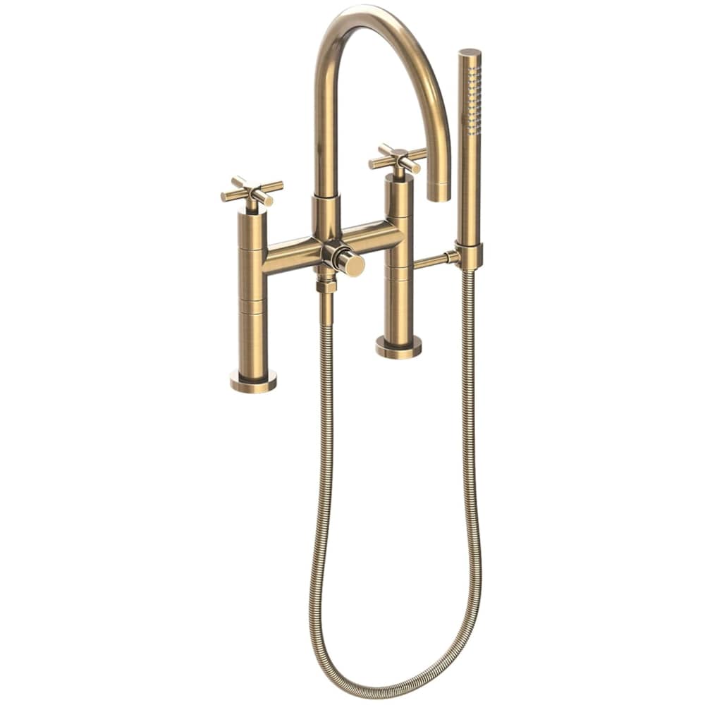 East Linear Deck Mounted Tub Filler with Cross Handles and Built-In Diverter - Includes Hand Shower