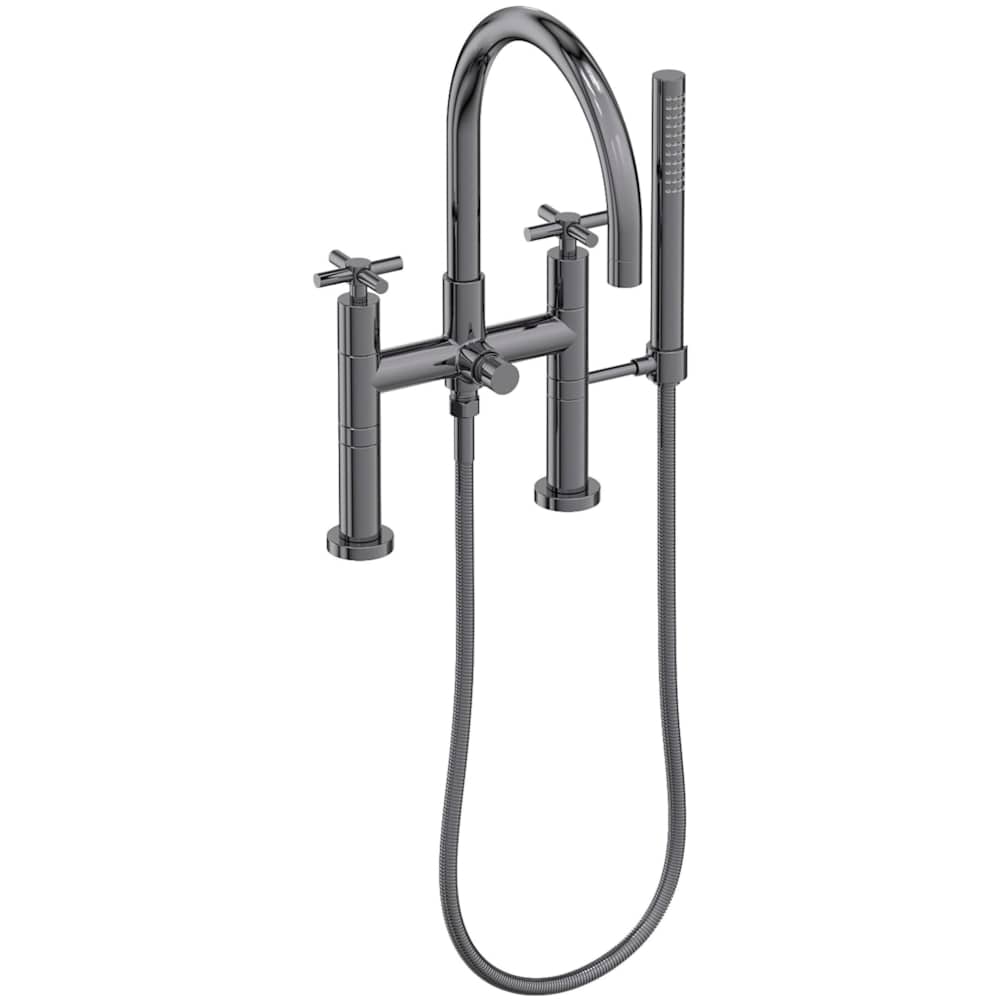 East Linear Deck Mounted Tub Filler with Cross Handles and Built-In Diverter - Includes Hand Shower