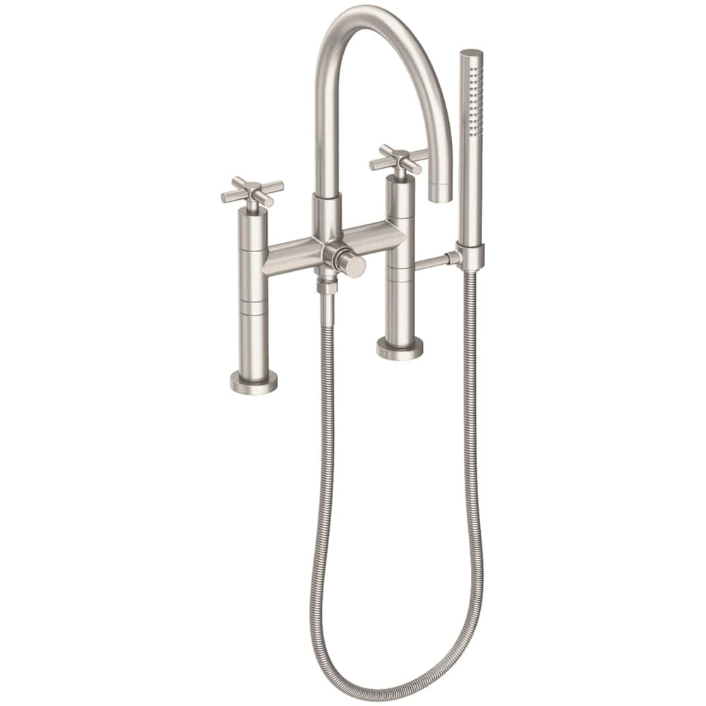 East Linear Deck Mounted Tub Filler with Cross Handles and Built-In Diverter - Includes Hand Shower