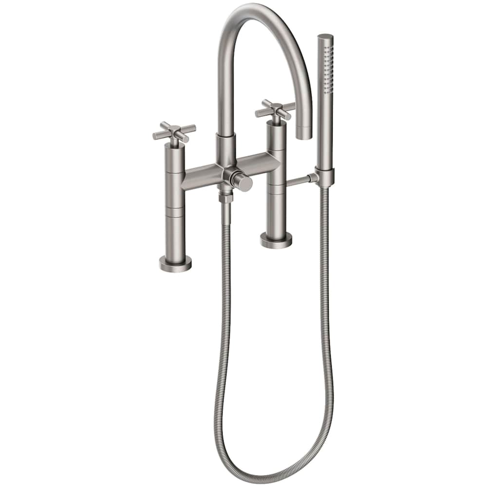 East Linear Deck Mounted Tub Filler with Cross Handles and Built-In Diverter - Includes Hand Shower