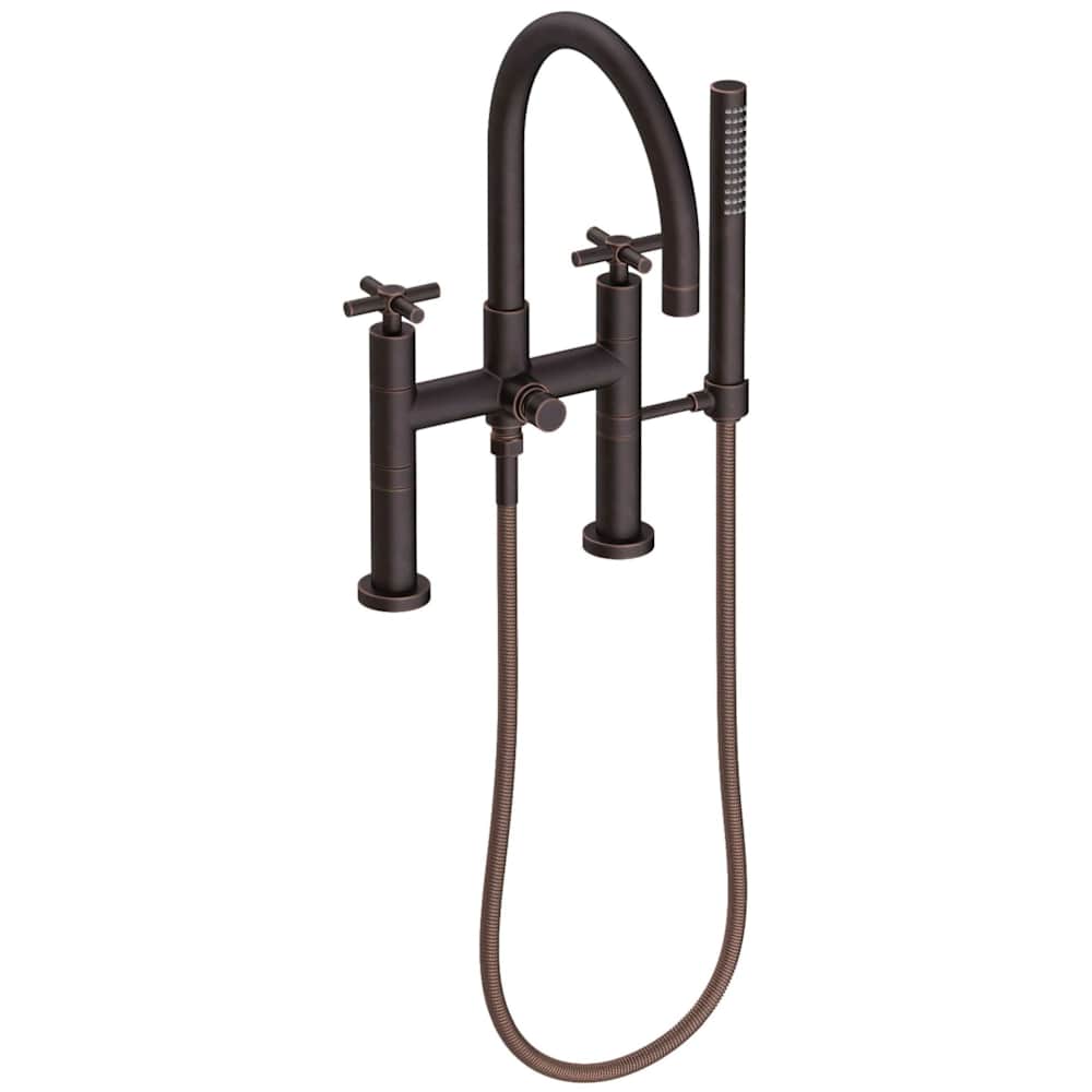 East Linear Deck Mounted Tub Filler with Cross Handles and Built-In Diverter - Includes Hand Shower