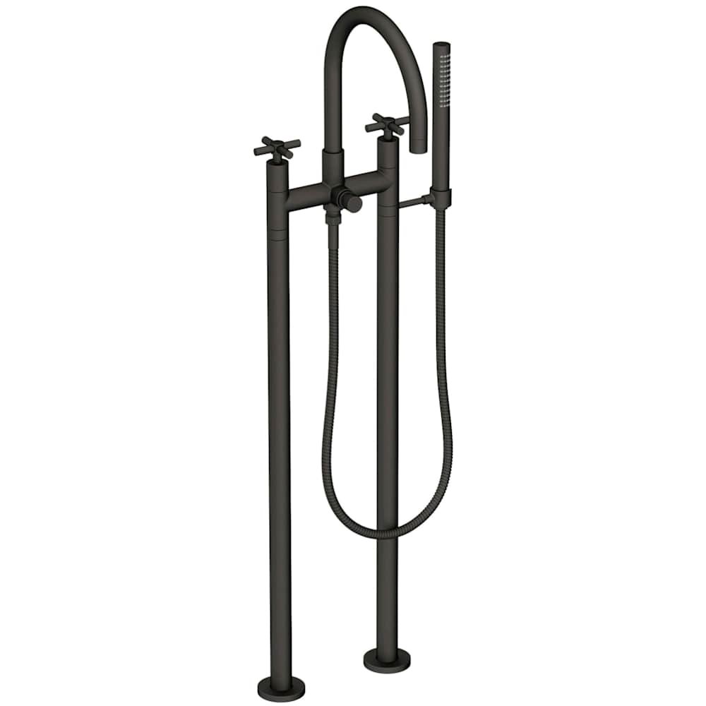 East Linear Floor Mounted Tub Filler with Cross Handles and Built-In Diverter - Includes Hand Shower