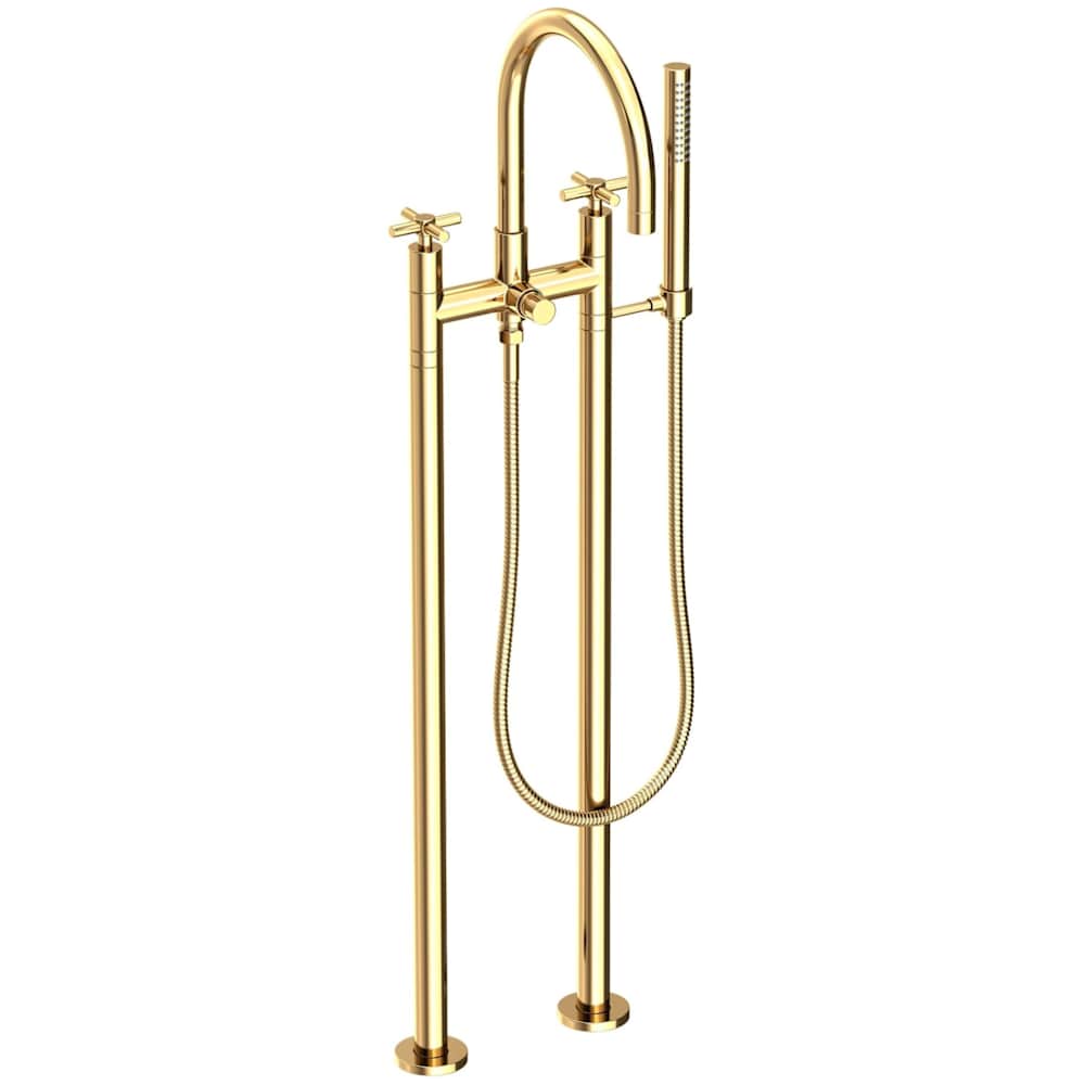 East Linear Floor Mounted Tub Filler with Cross Handles and Built-In Diverter - Includes Hand Shower