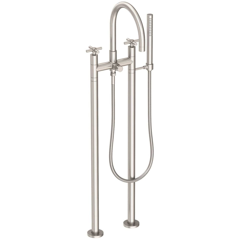 East Linear Floor Mounted Tub Filler with Cross Handles and Built-In Diverter - Includes Hand Shower