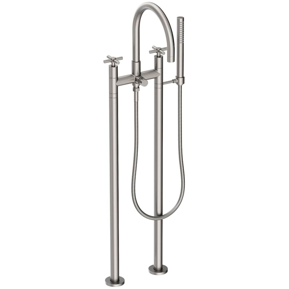 East Linear Floor Mounted Tub Filler with Cross Handles and Built-In Diverter - Includes Hand Shower