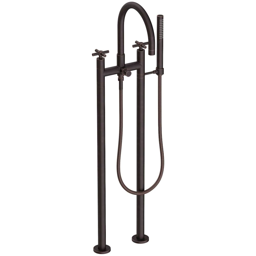 East Linear Floor Mounted Tub Filler with Cross Handles and Built-In Diverter - Includes Hand Shower