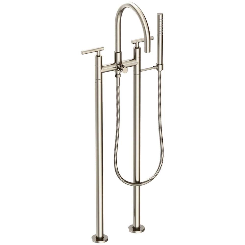 East Linear Floor Mounted Tub Filler with Lever Handles and Built-In Diverter - Includes Hand Shower