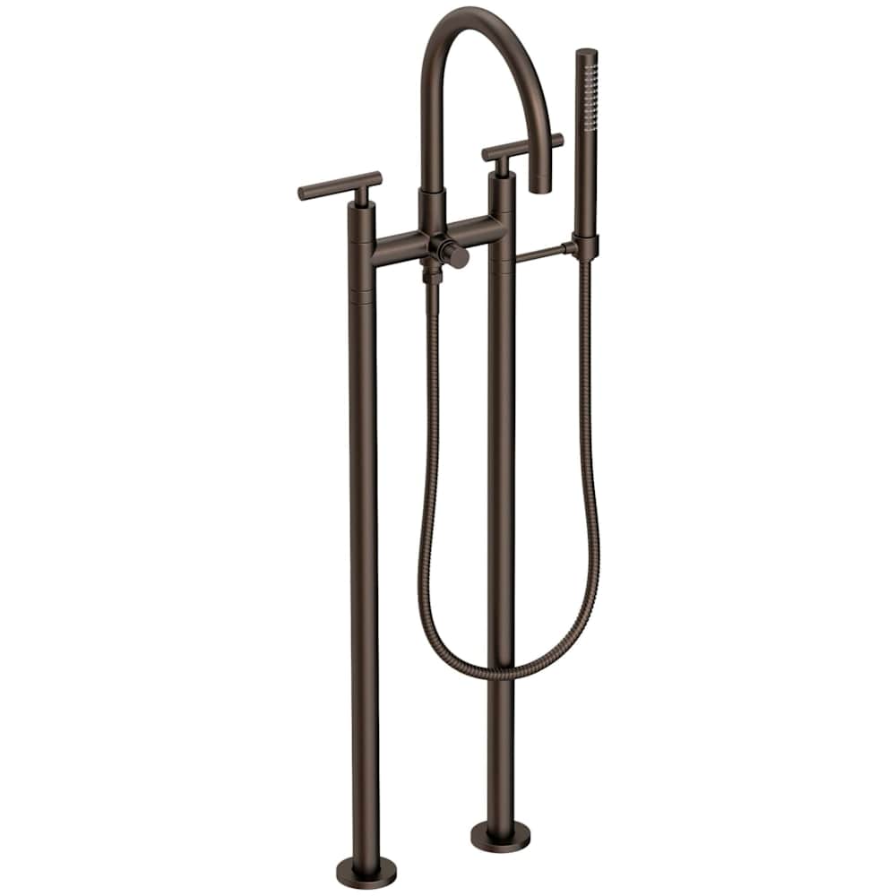 East Linear Floor Mounted Tub Filler with Lever Handles and Built-In Diverter - Includes Hand Shower