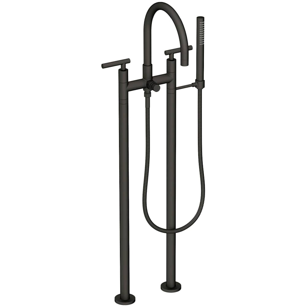 East Linear Floor Mounted Tub Filler with Lever Handles and Built-In Diverter - Includes Hand Shower