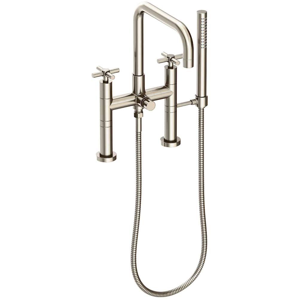 East Square Deck Mounted Tub Filler with Cross Handles and Built-In Diverter - Includes Hand Shower