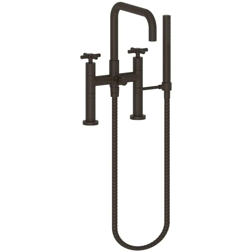 East Square Deck Mounted Tub Filler with Cross Handles and Built-In Diverter - Includes Hand Shower