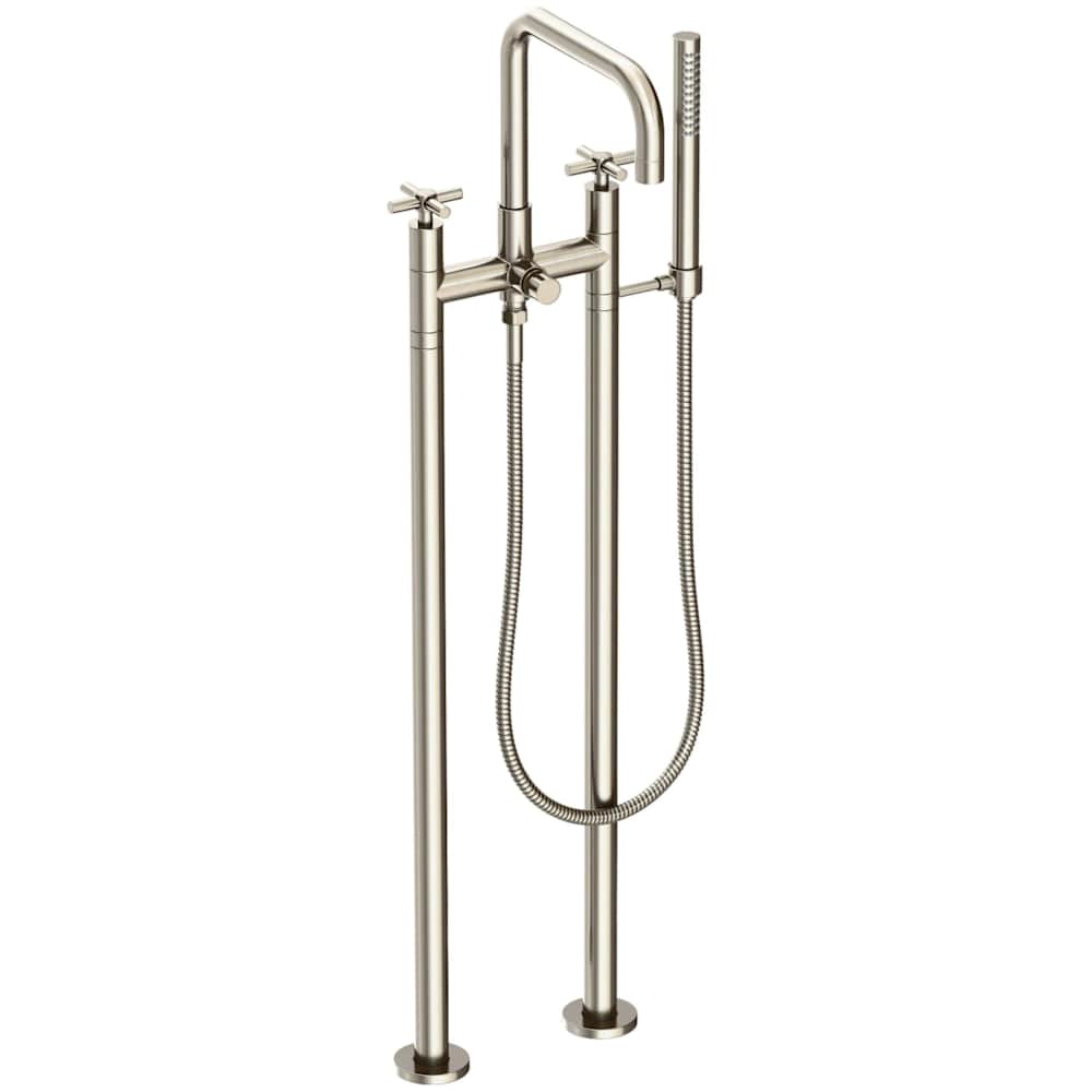 East Square Floor Mounted Tub Filler with Cross Handles and Built-In Diverter - Includes Hand Shower