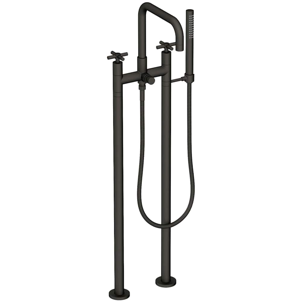 East Square Floor Mounted Tub Filler with Cross Handles and Built-In Diverter - Includes Hand Shower